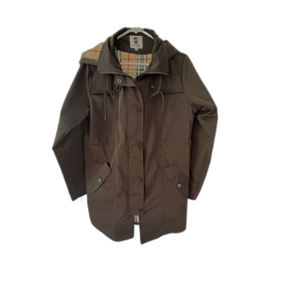 SaphiRose Black Waterproof Hooded Heritage Trench Jacket Raincoat Plaid Lined M